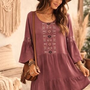 Mudd Womens Mauve Embroidered Boho Tiered Bell Sleeve Tunic Mini Dress Size M